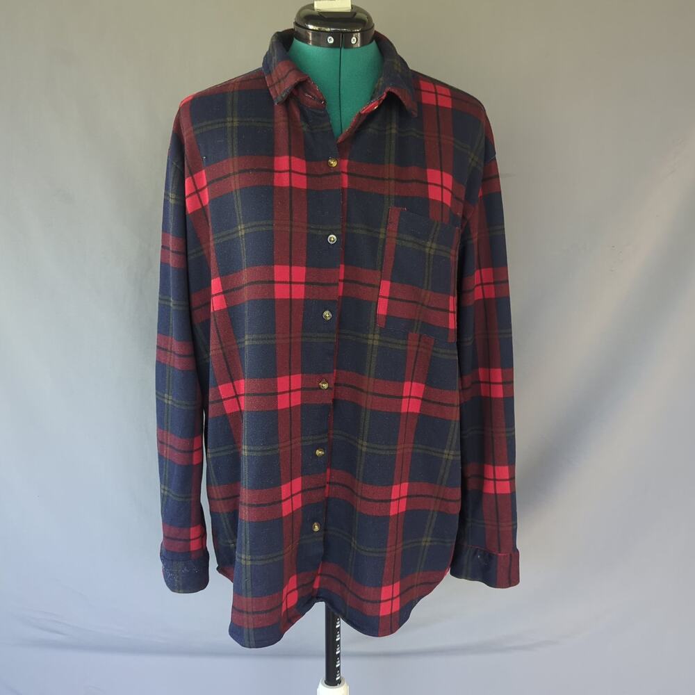 Eden & Olivia Plaid Button Up Flannel Shirt Red Navy Oversized Women's M